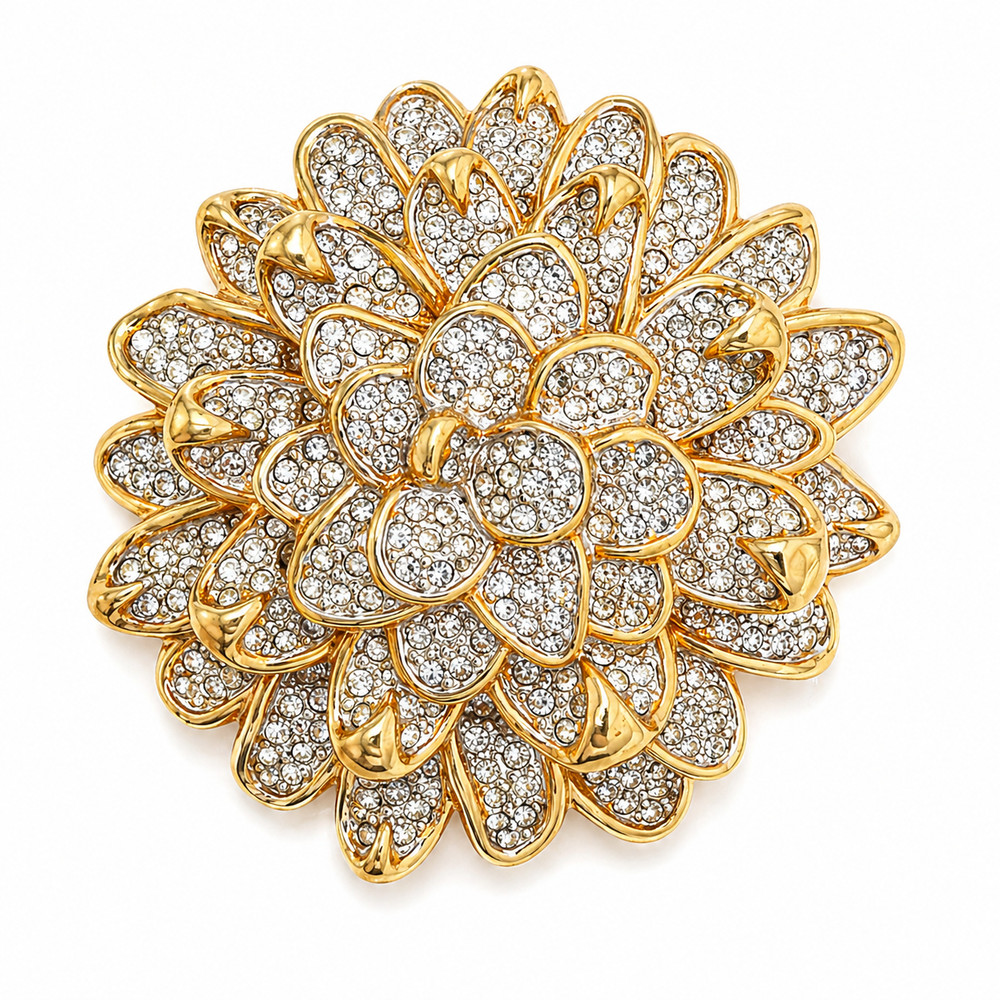 Signed Swarovski Crystal Chrysanthemum Flower Brooch Gold Tone Retired Vintage