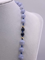 Vintage Blue Lace Agate & Lapis Beaded Necklace 14K Gold Clasp 30in