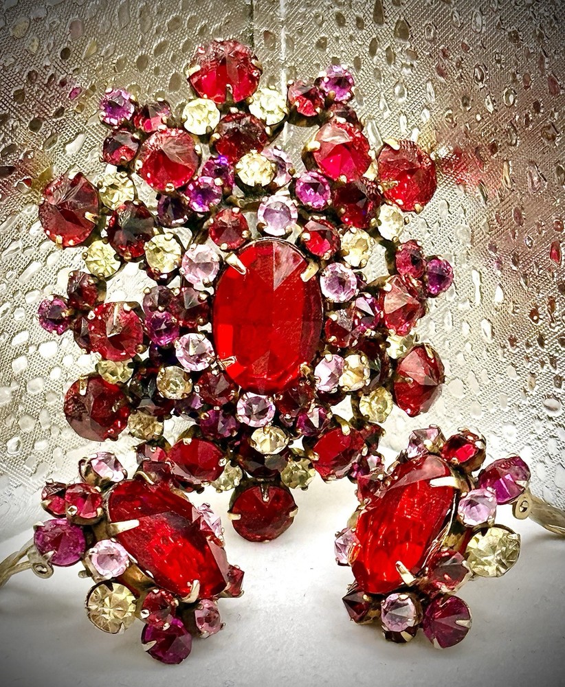Signed🌹SCHREINER🌹Exotic Flowering Layered Red-Pink-Purple🌹Brooch/Earrings Set
