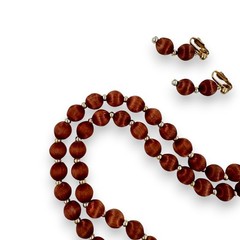 Vintage 80s True Brown Silk Covered Beaded Necklace & Clip On Earring Set
