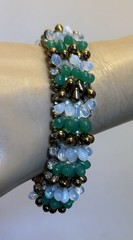 50s Vintage Signed Germany Wired Green Glass Bead Rhinestone Pearl Bracelet 7”