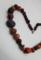 Vintage wood, plastic and gold tone shades of browns beaded Necklace 23″