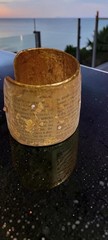 Rare Brigitte Ross Gold Hammered Literary Cuff Bracelet Alfred De Musset French