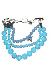 FOSSIL 3 Strand 24” Necklace Rhinestone Turquoise Blue Beads MOP BUTTERFLY & BEE