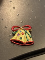 Vintage Gold Tone Holiday Christmas Bells Colorful Rhinestones Red Green Bow