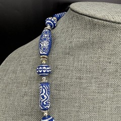 Vintage Necklace Blue White Patterned Beaded 22 Inches