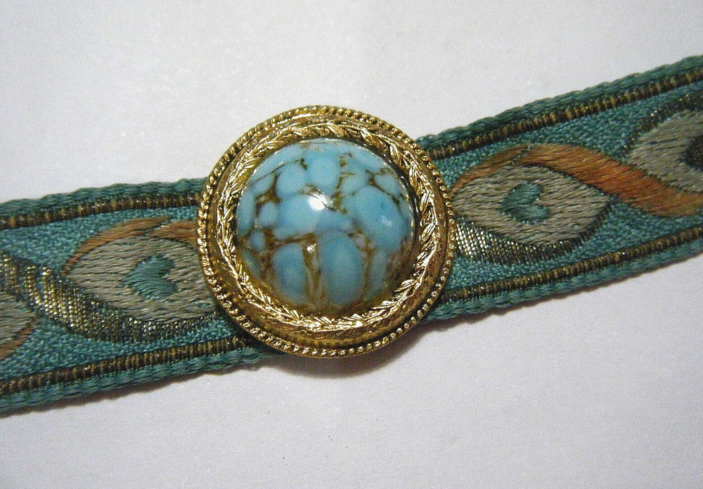 15.5″ Vintage Art Deco Choker Silk Ribbon Necklace Czech Art Glass/ Gold Frame
