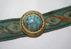 15.5″ Vintage Art Deco Choker Silk Ribbon Necklace Czech Art Glass/ Gold Frame