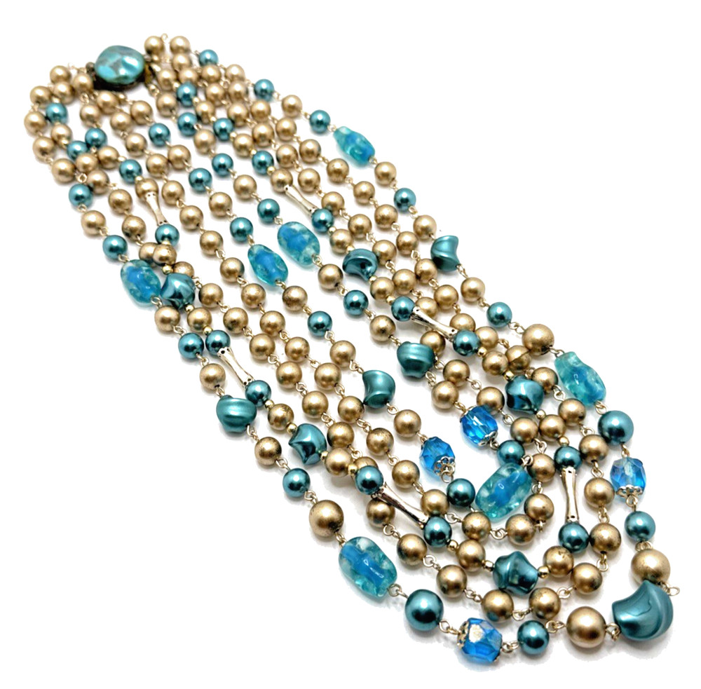 Vintage Japan Multi Strand Beaded Choker Necklace Blue Gold Mid Century 16″