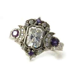 Art Deco Style Emerald Cut Lab Created Diamond 925 Silver Moon Engagement Ring