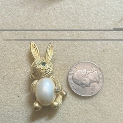 Vintage OEO by Oleg Cassini Rabbit Brooch • Pearl Body • Green Rhinestone Eye