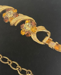 Vintage Signed Karu Yellow & Brown RS Gold Tone Etched Link Necklace & Bracelet