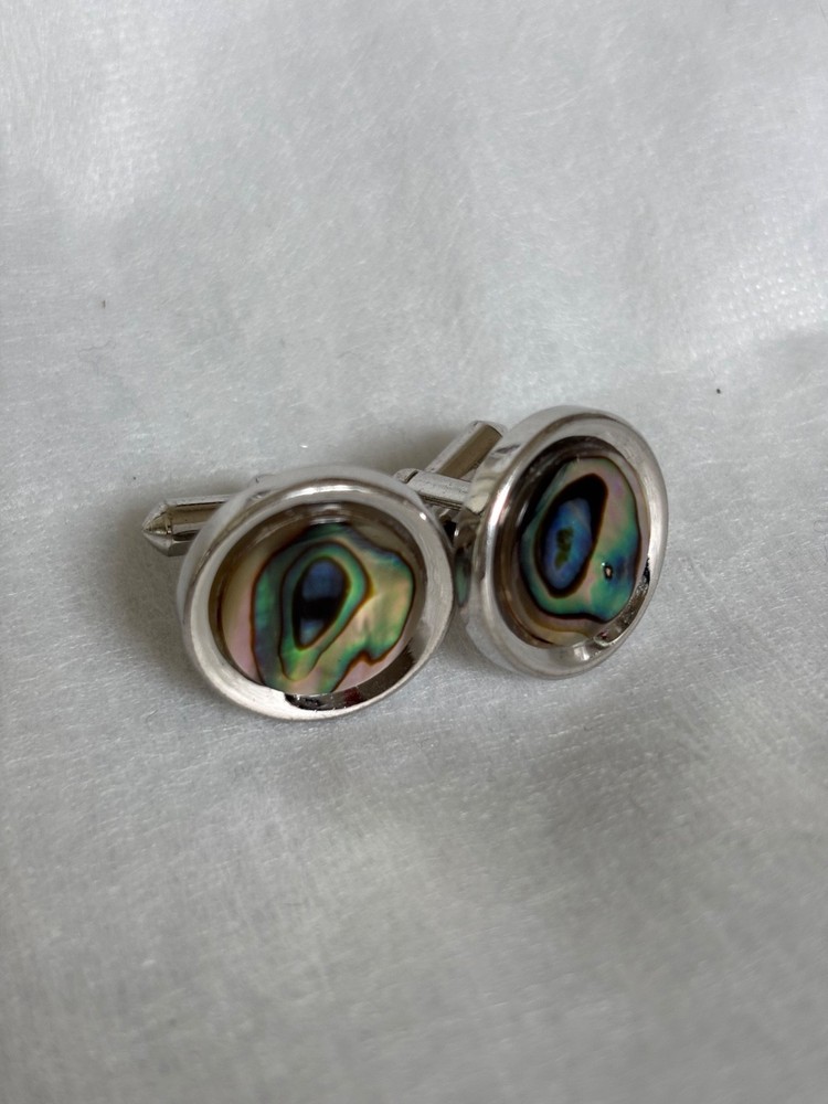 Vintage Sun Eagle Abalone Shell Cufflinks Silver Tone Round Japan Men’s Jewelry