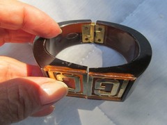 Vintage Lucite Clamper Bracelet GC Initials Brown 6.5″ Gold Plated Statement