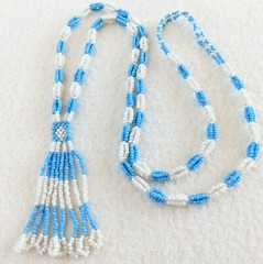 Vintage Southwestern Sky Blue & White Glass Seed Beaded Tassel Boho Necklace