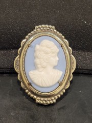 Oval Cameo Portrait Brooch Pin, Scalloped Gold-Tone Setting, Blue & White