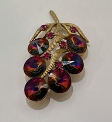 Vintage Watermelon Rivoli Rhinestone Leaf Brooch Gold Tone Pink Aurora Borealis