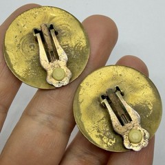 Vtg Big Modernist Mixed Metals Brown Stone Cabochon Statement Earrings Clip-on