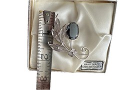 Hand Made SORRENTO Sterling Brooch Black Stone Floral design, Original Box 7.6g