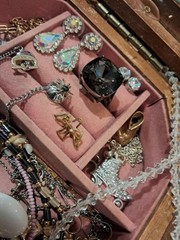 Small Vintage Wood And Glass Jewelry Box With Jewelry Lot Wearable Nice!!