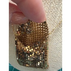 Vintage Gold Mesh Pouch Pendant Necklace Miniature Bag Statement Jewelry 32 In
