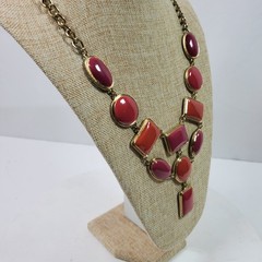 Casual Career Statement Necklace Gold Tone Chain w/ Pink Bib 20 Inch