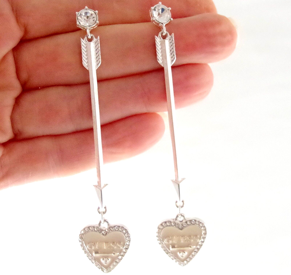3.25″ VTG SIGNATURE GUESS CUPID’S ARROW & VALENTINE HEART RHINESTONE EARRINGS