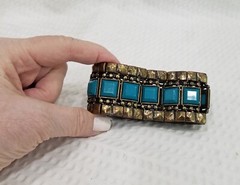 Vintage Boho Tribal Solid Brass & Teal Acrylic Inserts Stretch Bracelet