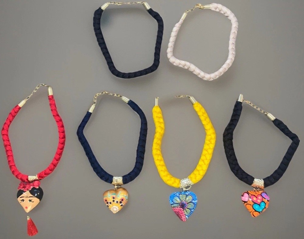 Hand Painted Boho Heart Necklace Lot RARE One of a Kind Frida Free Shipping!