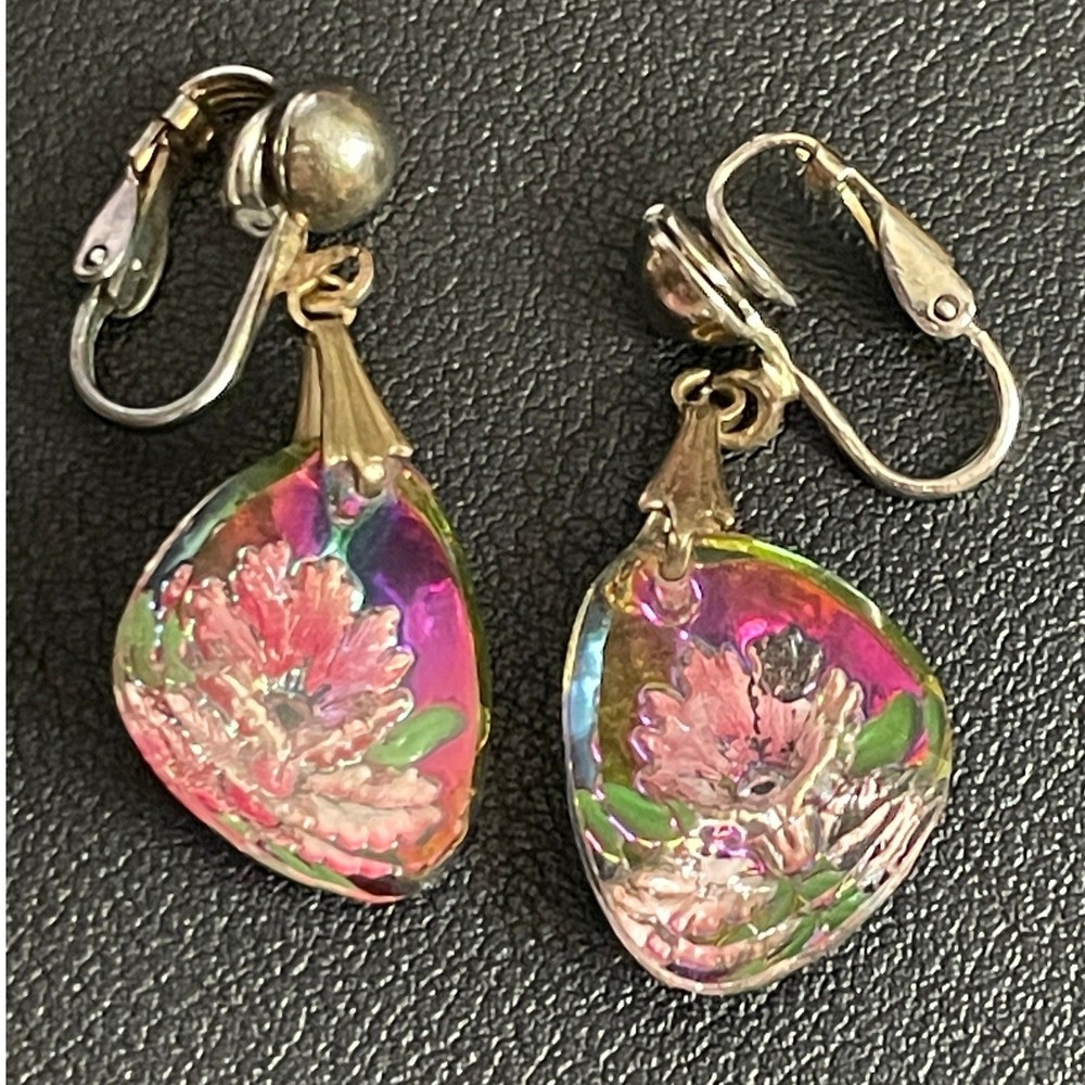 Vintage Intaglio Earrings Clip Ons Glass Floral Pink Iridescent Drop Dangle READ