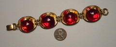 Mid-Century Modernist Red Glass Jeweled Enameled Copper Link Bracelet Signed
