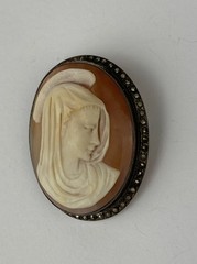 Antique Madonna Cameo Pendant Brooch 900 Silver Marcasite Shell Portrait Signed
