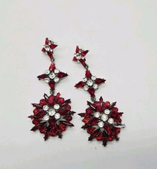 Red Crystal Chandelier Earrings Flower Black Metal Pierced Couture Art Deco 4 in