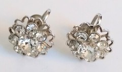 Vintage Silver Tone Rhinestone & Hearts Design Screw Back Earrings