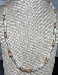 Vintage Mother Of Pearl Angel Coral Carved Tulip Necklace Barrel Clasp 28 in