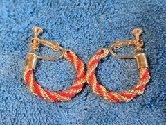Vintage Napier Twisted Hoop Earrings Red Cord Gold Plated Clip On Screw Back