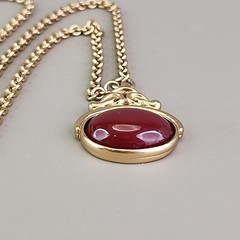 Vintage Liz Claiborne Necklace Faux Watch Fob Pendant Red Gold Tone 31″