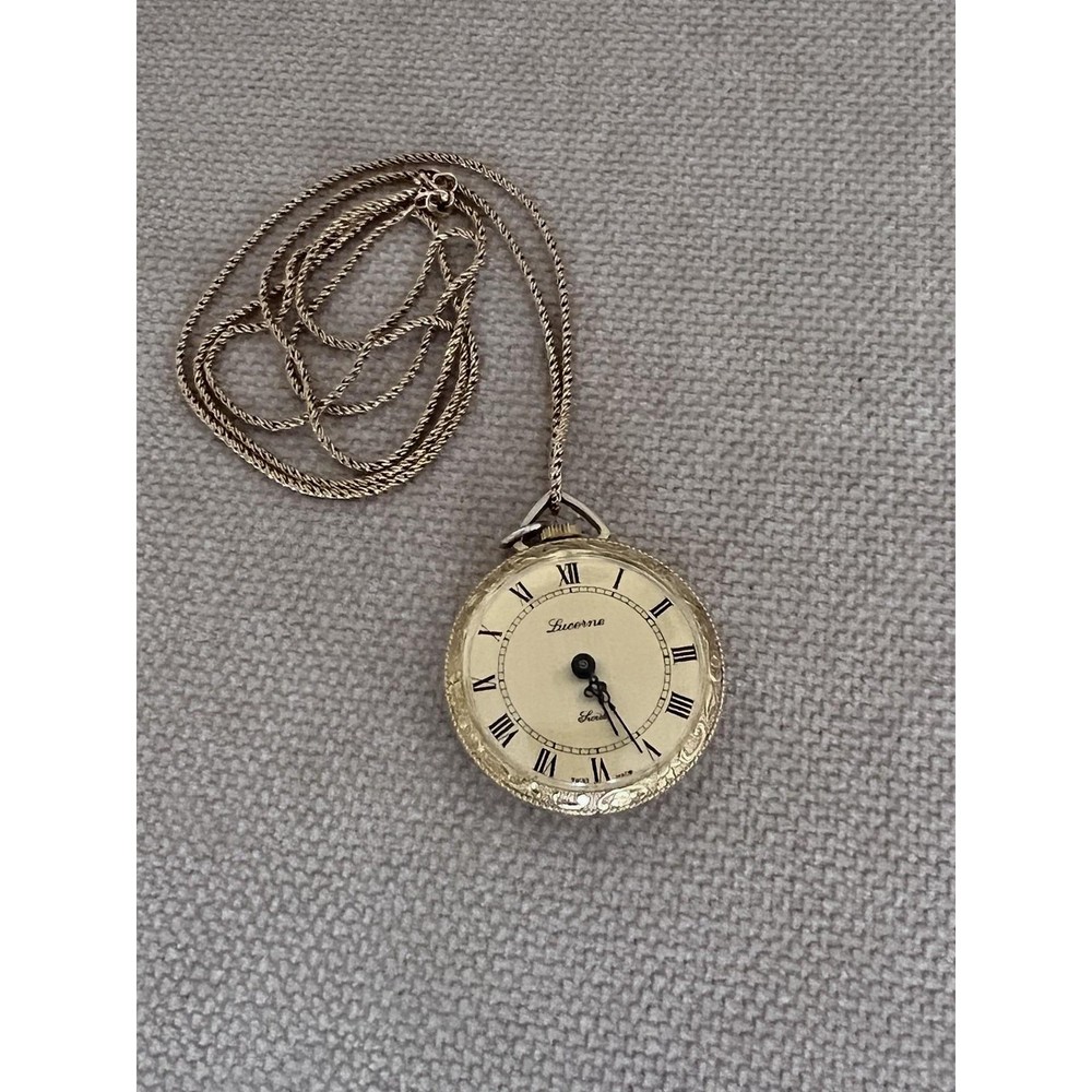Vintage Lucerne Swiss Pendant Watch 34mm Sunburst Medallion 14k Gold Chain 29in