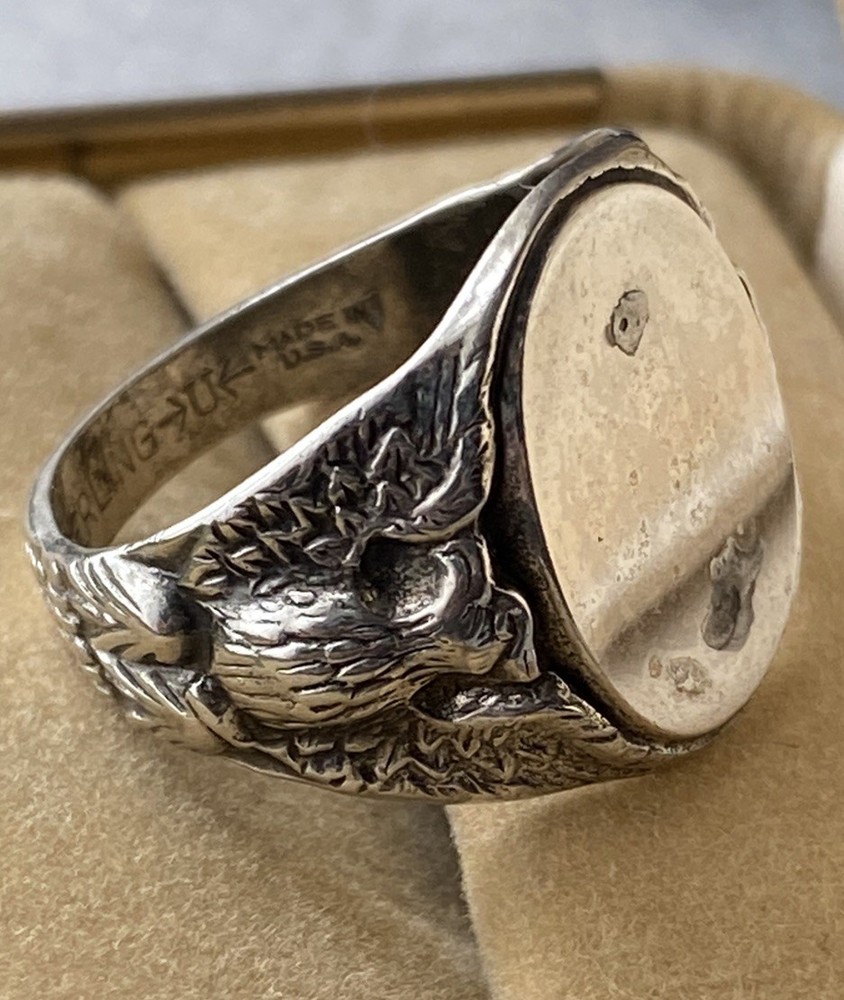 Vintage Uncas 925 Sterling Silver Blank Signet Ring Full Double Eagles Sz 8.25
