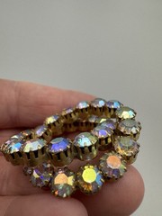Clear AB Aurora Borealis Rhinestone Prong Dbl Circle Gold Tone Brooch Estate Vtg
