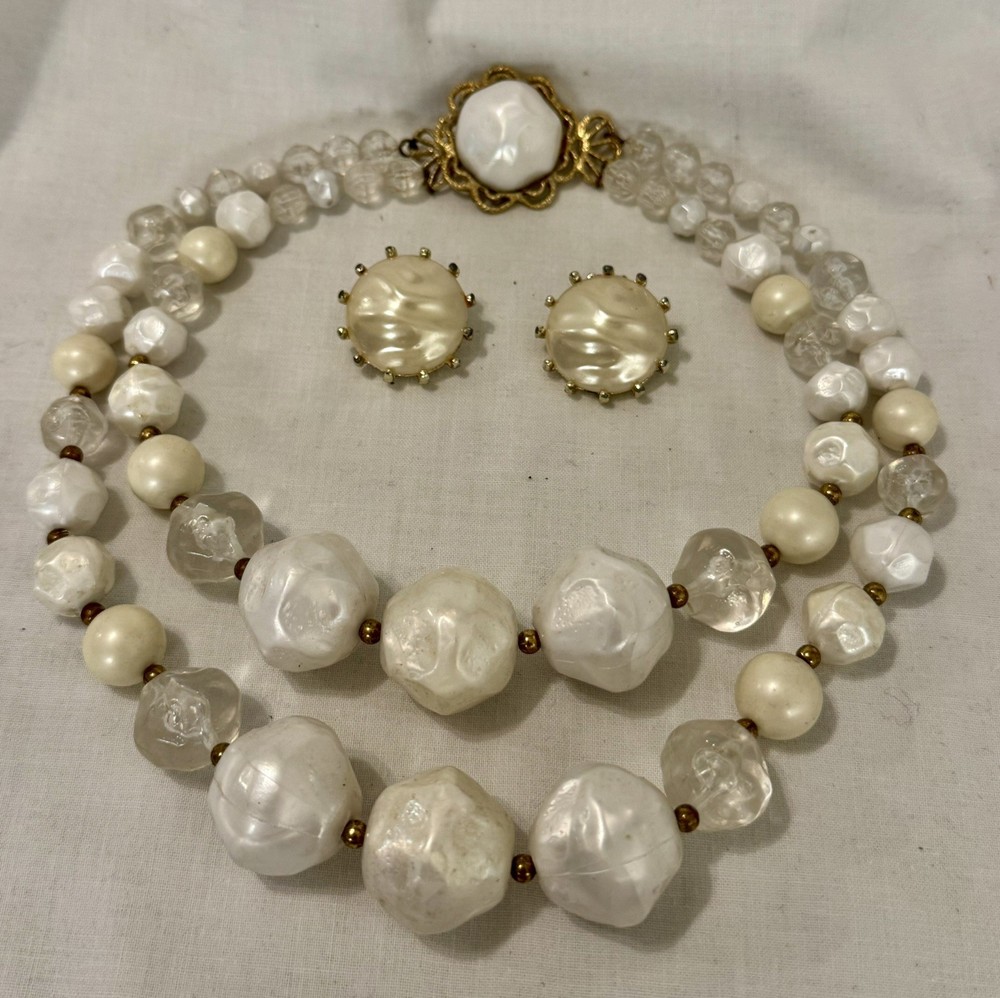 Vintage 2 Strand Glamorous Large Baroque Pearls Necklace & Clip Earrings Set