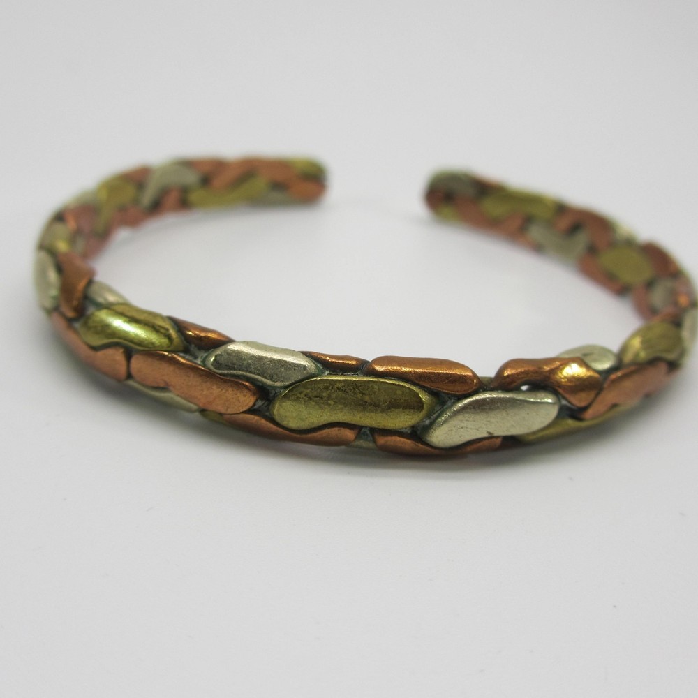 Vintage Open Cuff Bracelet Mixed Metals Copper Brass Silver Tone