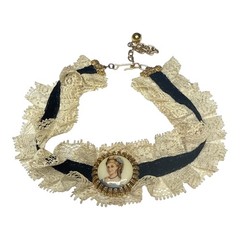 Vintage 1950s Victorian Revival Lace Ribbon Portrait Choker Necklace Unsigned