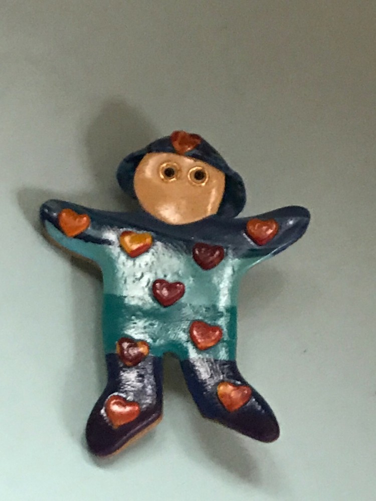 Handmade Blue Polymer Clay Boy w Hearts all Over & Round Wire Rim Glasses Pin