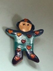 Handmade Blue Polymer Clay Boy w Hearts all Over & Round Wire Rim Glasses Pin
