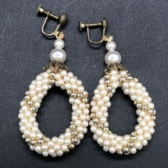 Vtg Faux Pearl Gold Woven Rope Necklace Matching Rope Hoop Earrings Screw Backs