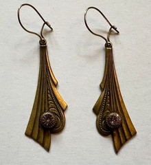 Vintage Art deco style brass with faceted crystal prism charm 1 5/8″ Earrings
