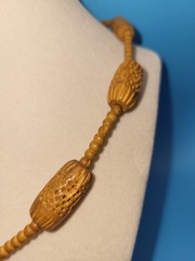 Fine Carved Large Wood Teardrop Pendant on Wood & Metal Bead Necklace