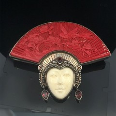 Sajen Vintage Pendant Pin 925 Sterling Silver Fan Face Cinnabar Garn (WCP039055)