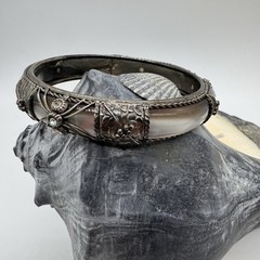 VTG Dark Silver -Tone Framed Grey Brown Lucite with Filigree & Crystal Bangle